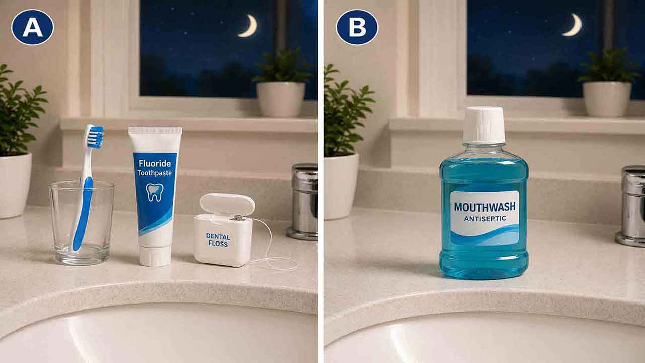 Which picture shows a more complete dental routine?